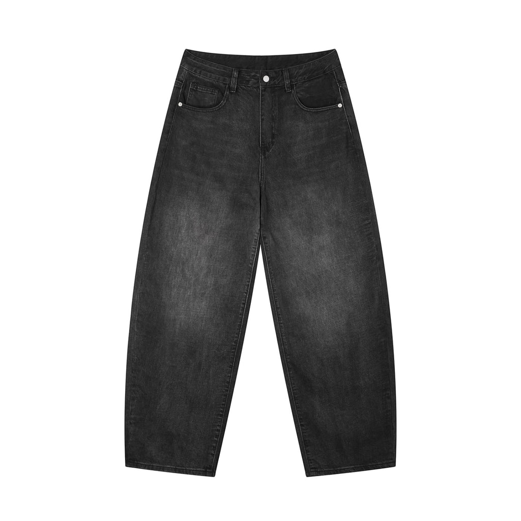 Vanta black denim barrel jeans with a relaxed streetwear fit and washed finish.