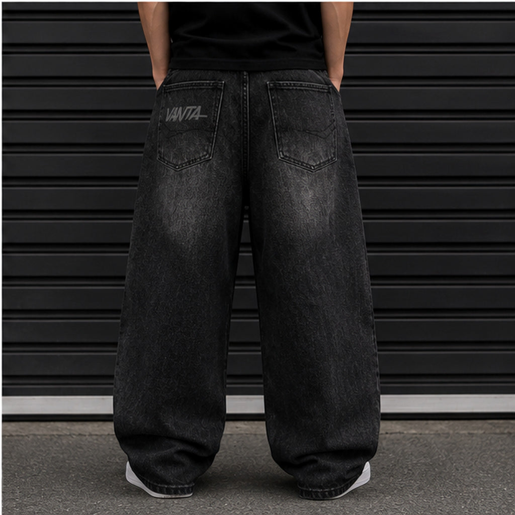 Vanta Classic Denim Barrel Jeans in black with a relaxed streetwear fit and branded back pocket detail.