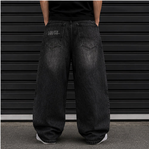 Vanta Classic Denim Barrel Jeans in black with a relaxed streetwear fit and branded back pocket detail.