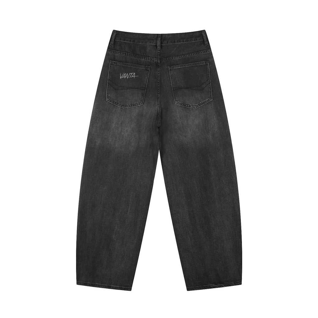Vanta black denim barrel jeans with a relaxed streetwear fit and branded back pocket detail.