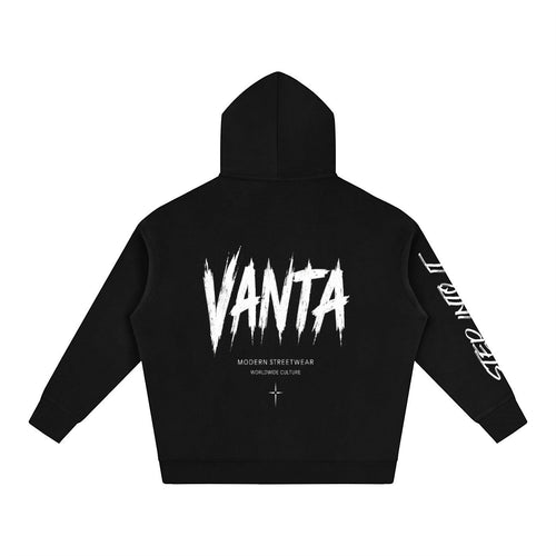 Vanta black heavyweight fleece hoodie with white graffiti logo on back and sleeve detail, oversized streetwear fit.