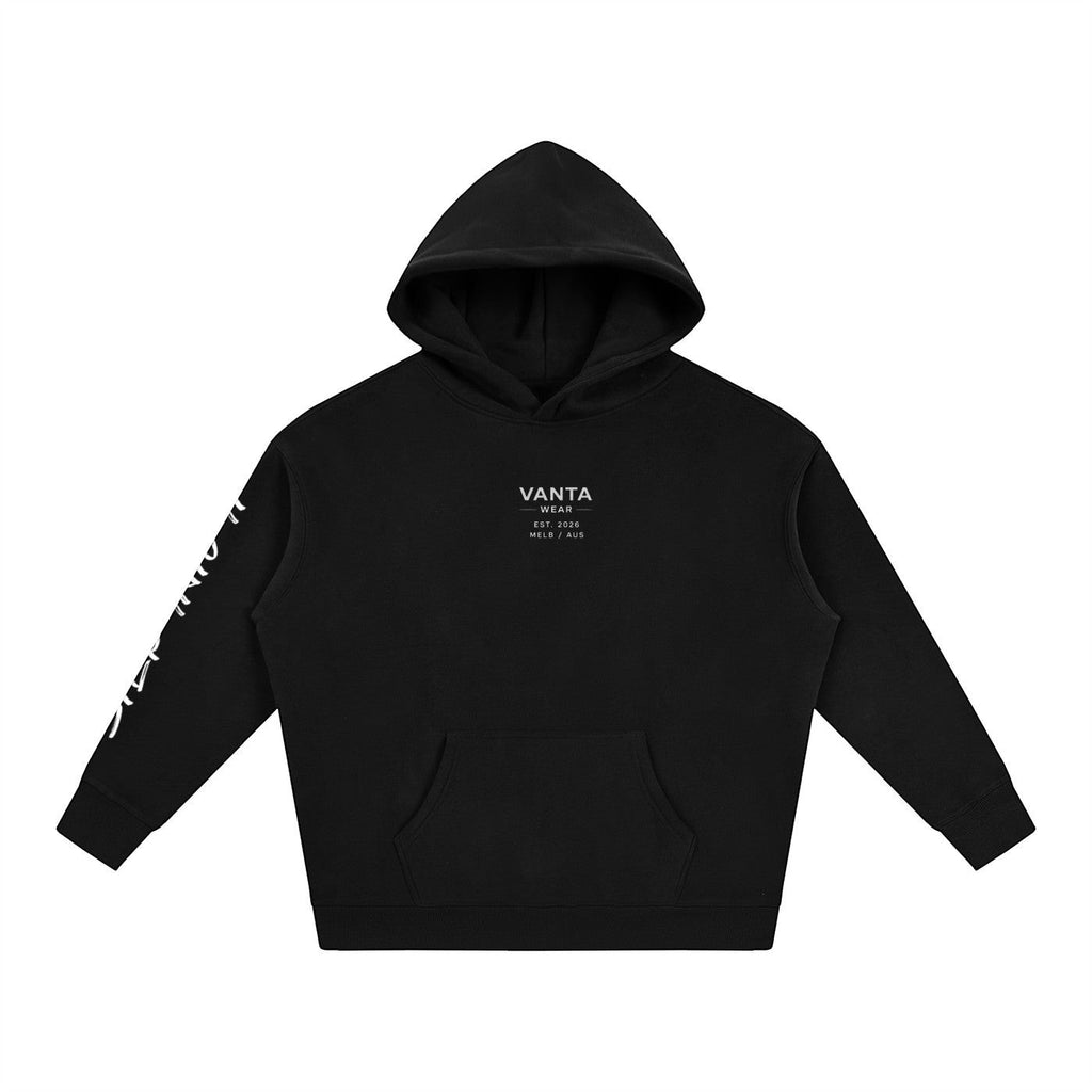 Vanta heavyweight black fleece hoodie with white graffiti sleeve detail and chest logo in an oversized streetwear fit