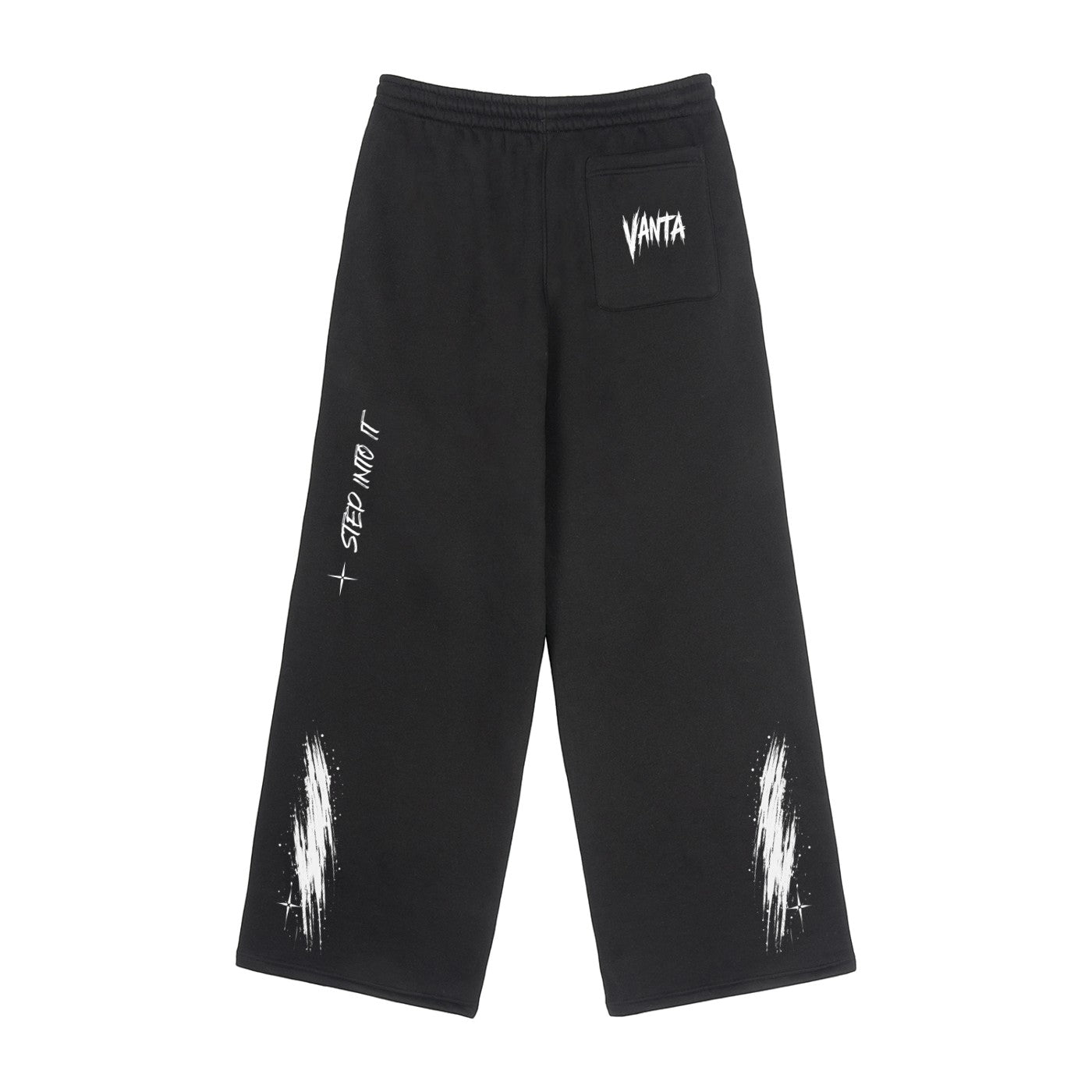 Vanta black unisex fleece sweatpants with white graffiti-style print, oversized fit, and drawstring waist.