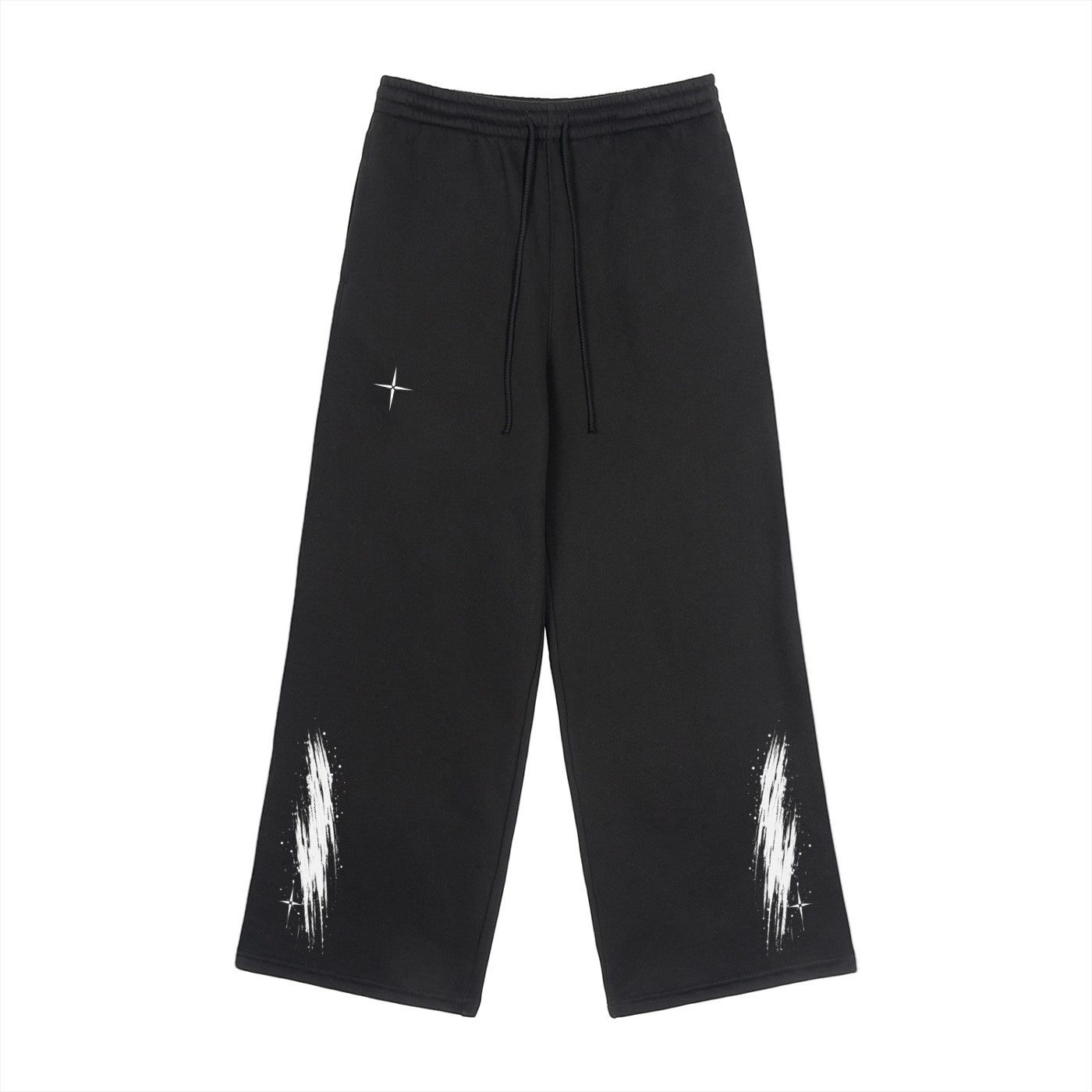 Vanta unisex black fleece sweatpants with white graffiti-inspired brushstroke prints and small star details.